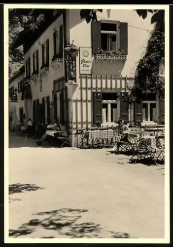 Fotografie unbekannter Fotograf, Ansicht Starnberg, Gasthaus im Mühltal, Reklame Pschorr Bräu München