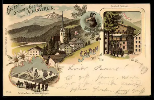 Lithographie Sölden i. Ötztal, Grüner`s Gasthof zum Alpenverein, Schlittenfahrt auf dem Hochjoch