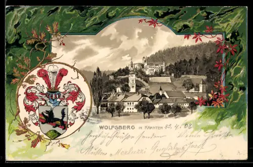 Passepartout-Lithographie Wolfsberg in Kärnten, Ortsansicht mit Kirche, Wappen und Eichenzweig