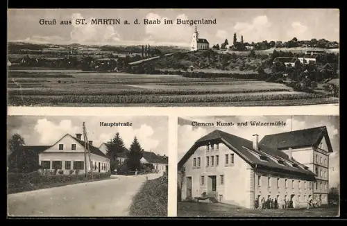 AK St. Martin a. d. Raab, Clemens Kunst und Walzenmühle, Hauptstrasse, Panorama
