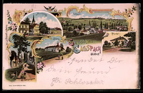 Lithographie Gallspach, St. Georgengasse mit Passanten, Schloss, Pfarrhof
