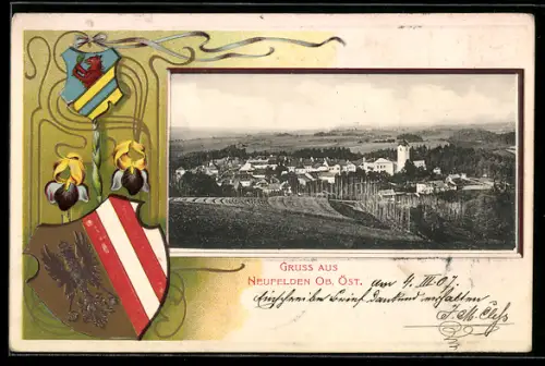 Passepartout-Lithographie Neufelden /Ob.-Öst., Totalansicht, Wappen und Schwertlilie