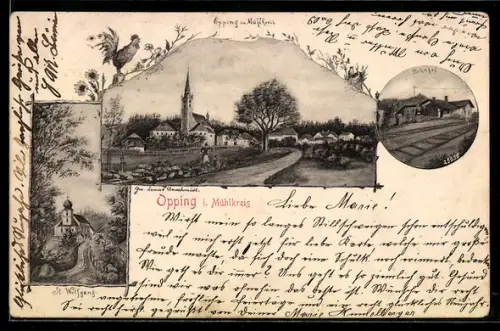 Lithographie Oepping im Mühlkreis, Teilansicht, Bahnhof, St. Wolfgang