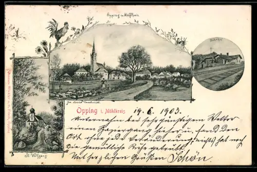 AK Oepping im Mühlkreis, Bahnhof, St. Wolfgang, Ortsansicht mit Kirche