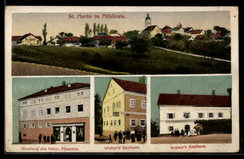AK St. Martin im Mühlkreis, Winkler`s Gasthaus, Kramer`s Gasthaus, Handlung von Heinr. Pötschko