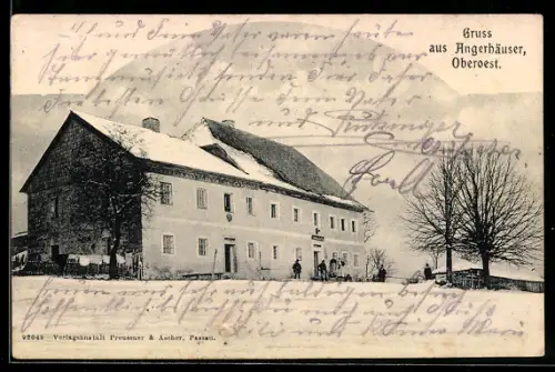 AK Schwarzenberg am Böhmerwald, Angerhäuser /Oberoest., Gasthof Hannetsschläger im Schnee