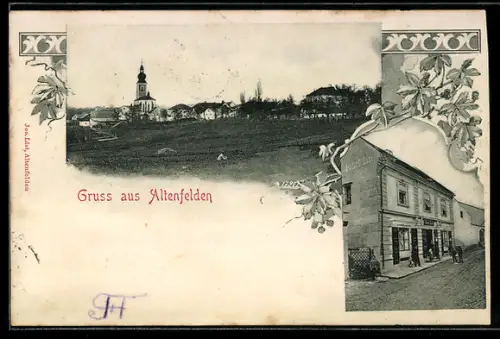 AK Altenfelden, Geschäft von Josef List, Ortsansicht mit Kirche