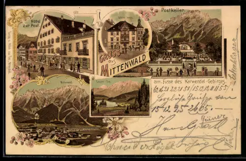 Lithographie Mittenwald, Hotel zur Post, Goethe Haus, Lauter See