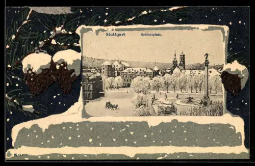 Grusskarten-AK Stuttgart, Schlossplatu im winterlichen Passepartout