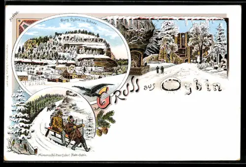 Lithographie Oybin, Bergansicht im Schnee, Hörnerschlittenfahrt, an der Ruine