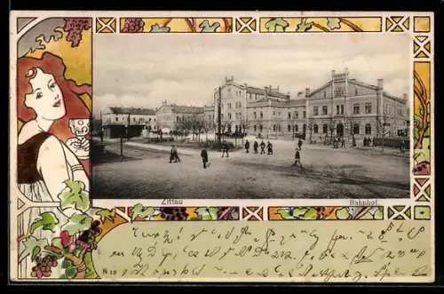 AK Zittau, Strassenpartie mit Passanten, Jugendstil-Passepartout