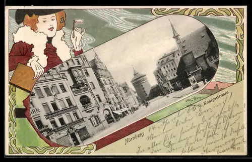 AK Nürnberg, Geschäft von Heinrich Haeberlein in der Königsstrasse, Jugendstil-Passepartout mit eleganter Dame