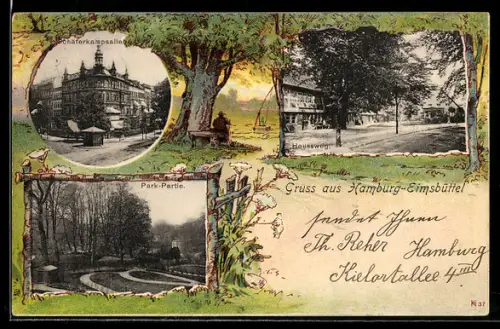 Grusskarten-AK Hamburg-Eimsbüttel, Schäferkampsallee, Park-Partie und Heussweg, Passepartout mit Seeufer