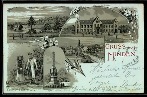 Lithographie Minden i. W., Kriegerdenkmal, Schwanenteich, Kaiserliches Postamt, Weserbrücke