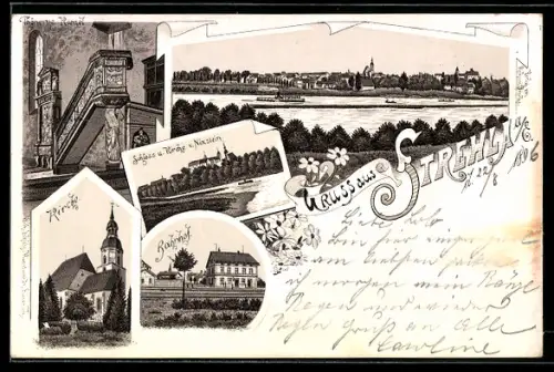 Lithographie Strehla, Kirche, Bahnhof, Schloss, Thönerne Kanzel, Ortsansicht
