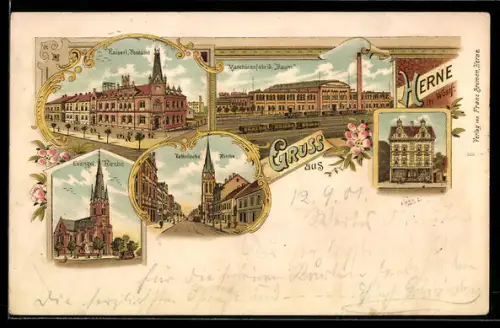 Lithographie Herne i. Westf., Maschinenfabrik Baum, Kaiserl. Postamt, Evangel. Kirche, Kathol. Kirche