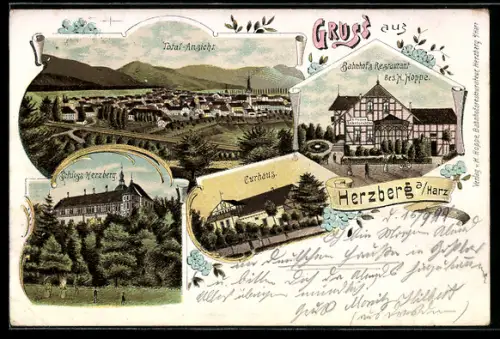 Lithographie Herzberg a. Harz, Bahnhofsrestaurant von H. Hoppe, Schloss Herzberg, Kurhaus