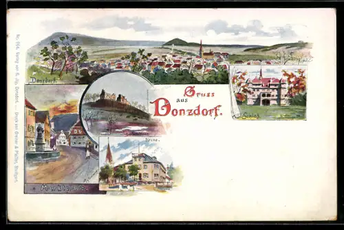 Lithographie Donzdorf, Gasthof zur Krone, Marktplatz, Schloss