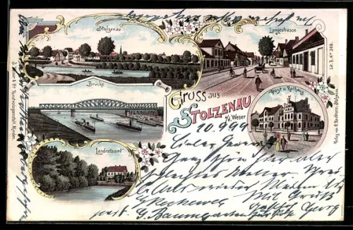 Lithographie Stolzenau a. d. Weser, Langestrasse, Landratsamt, Post und Rathaus, Brücke