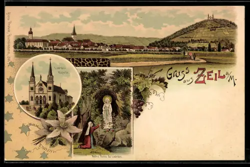 Lithographie Zeil / Main, Lourdes Kapelle, Notre Dame de Lourdes, Ortsansicht