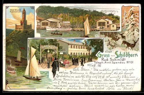 Lithographie Berlin-Schildhorn, Gasthaus Schildhorn, Kaiser Wilhelm Aussichtsturm, Rehe im winterlichen Grunewald