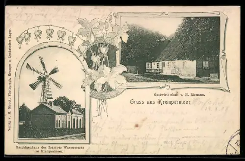 AK Krempermoor, Gasthaus v. H. Riemann, Maschinenhaus des Kremper Wasserwerks