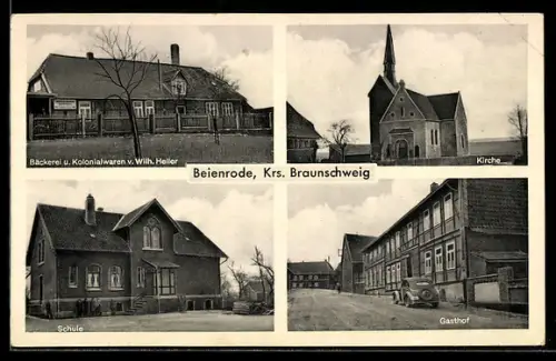AK Beienrode /Braunschweig, Bäckerei und Handlung von Wilh. Heller, Kirche, Gasthof, Schule