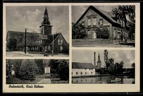 AK Bodenteich / Kr. Uelzen, Cafe und Konditorei Bernh. Rabe, Kirche, Kriegerdenkmal