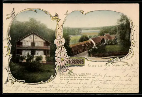 AK Alt-Strelitz, Gasthof Schweizerhause, Ortspartie, Blumen-Passepartout