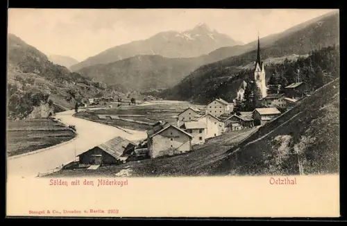 AK Sölden i. Oetztal, Teilansicht mit Kirche und dem Nöderkogel