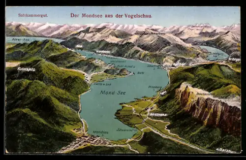 AK Mondsee, Ansicht aus der Vogelschau mit Hotel Schafberg, Waldhotel Kreuzstein & Bichl