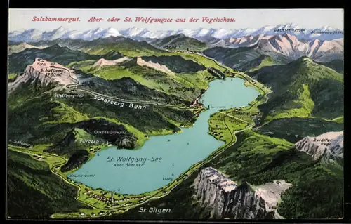 AK St. Gilgen, Karte des St. Wolfgangsees mit Förberg, St. Wolfgang, Strobl, Ischl, Schafberg und Zwölferkogl