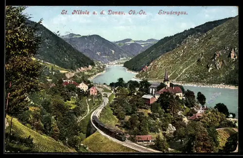 AK St. Nikola a. d. Donau, Eisenbahn, Kirche