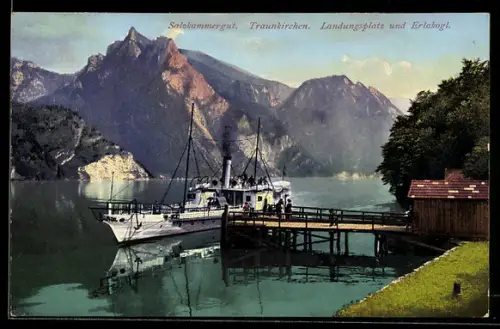 AK Traunkirchen, Salzkammergut, Landungsplatz mit Dampfer und Erlakogl
