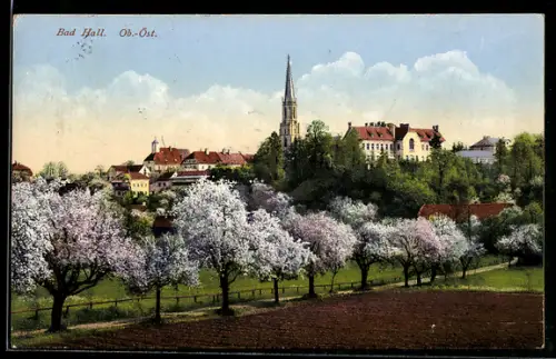 AK Bad Hall /Ob.-Öst., Ortspartie mit Kirche bei Baumblüte