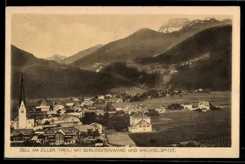 AK Zell am Ziller, Teilansicht mit Kirche, Gerlossteinwand und Wechselspitze