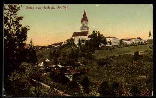 AK Haslach /Ob. Öst., Ortspartie mit Kirche