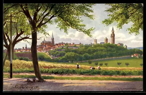 AK Friedberg i. H., Ortsansicht mit Burg, Stadtkirche und Adolfsturm