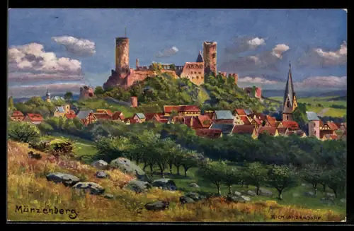 AK Münzenberg, Panorama mit Schloss