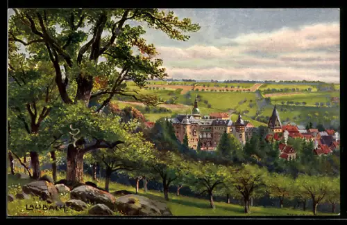 AK Laubach, Schloss vom Hügel gesehen