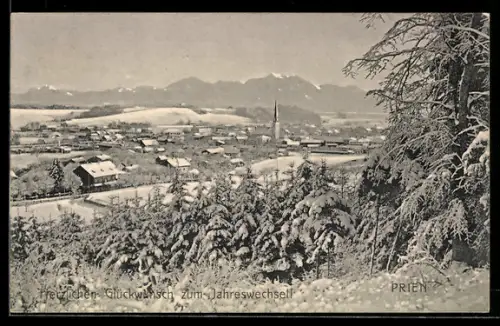 AK Prien, Teilansicht mit, Strassenpartie mit Kirche im Schnee, Neujahrsgruss