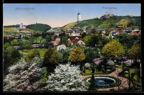 AK Kötzschenbroda, Springbrunnen am Königsplatz, Ortsansicht mit Friedensburg