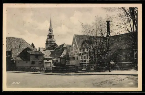 AK Stade, Fachwerkhäuser und Kirchturm