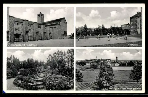 AK Freising /Obb., Missions-Seminar u. Schülerheim der Pallottiner, Westseite mit Hauptflügel, Sportplatz, Alpinum