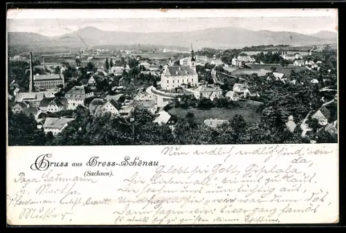 AK Gross-Schönau /Sachsen, Ortsansicht mit Kirche aus der Vogelschau