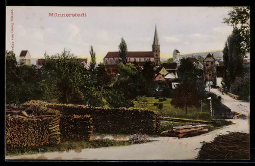 AK Münnerstadt, Stadtansicht mit Kirche und Stadttor