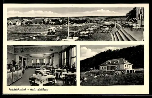 AK Friedrichsdorf, Gaststätte Haus Wattberg, Aussenansicht, Terrasse mit Bussen u. Ortsblick, Speisesaal