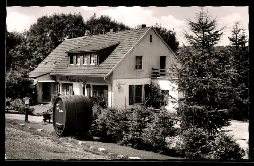 AK Himmerod, Gästehaus Haus Hohemarken, Inh. H. W. Feistel, Aussenansicht mit Weinfass