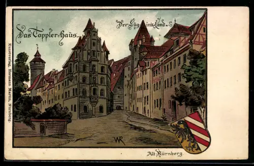 Künstler-AK Nürnberg, Alt-Nürnberg, Topplerhaus, Luginsland, Altstadt, Wappen