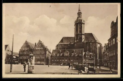 AK Naumburg, Markt mit Wenzelskirche, Litfasssäule m. ATA-Reklame